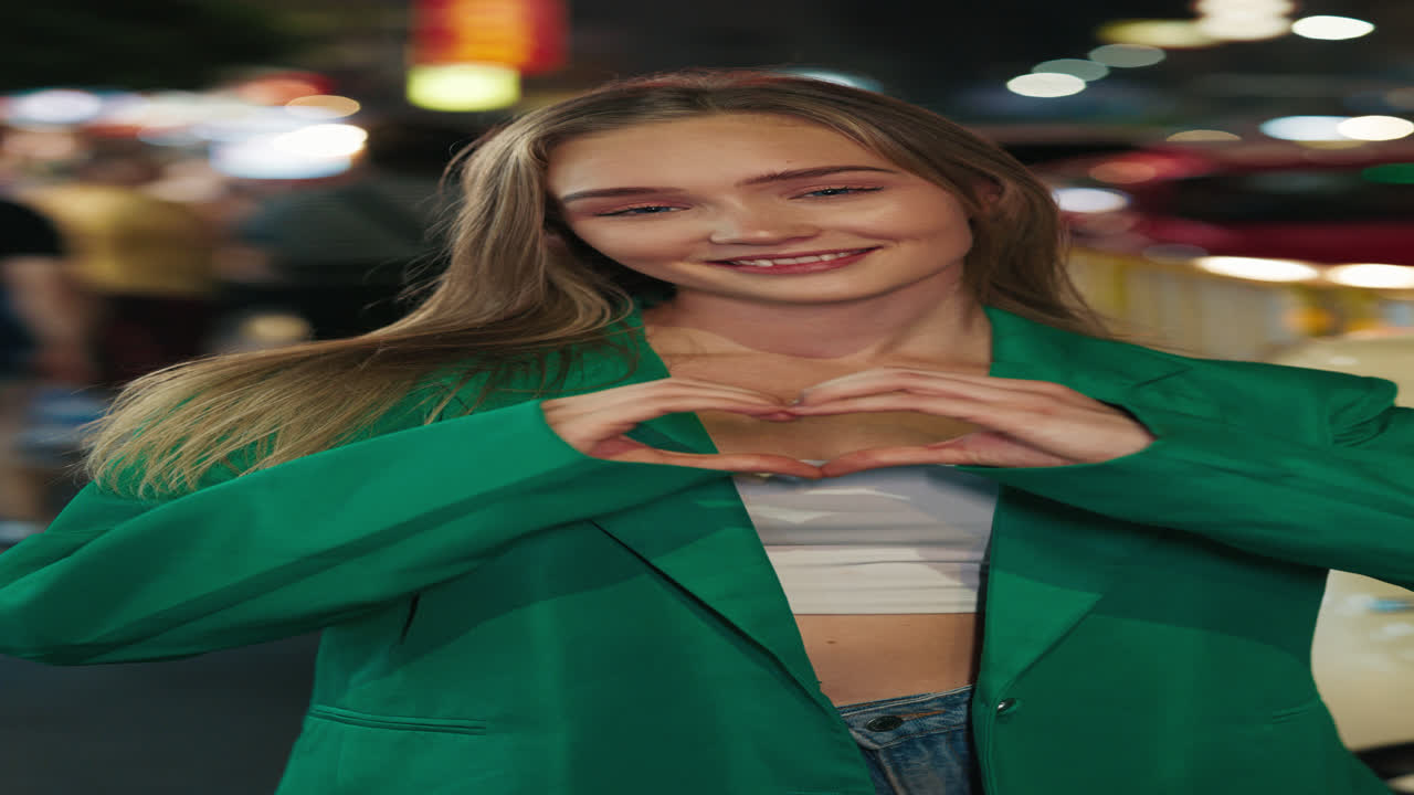 Young Woman Making Heart Shape with Hands in City at Night