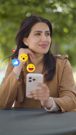 video vertical de una mujer sonriente sentada en una mesa al aire libre mirando un teléfono móvil con emojis de gráficos en movimiento que muestran múltiples notificaciones de redes sociales gustando y reaccionando al contenido en línea