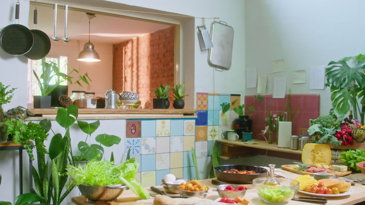 Kitchen still life with food and plants