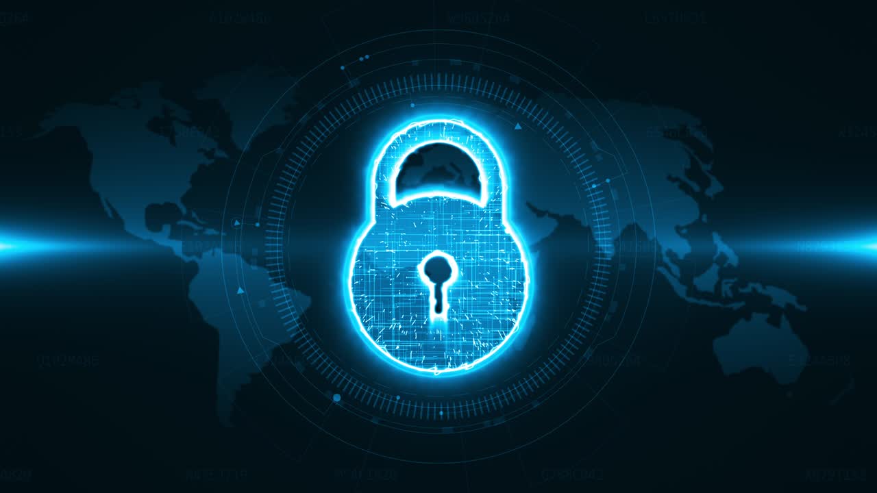 gráfico de movimiento de la llave de seguridad azul con pantalla de cabeza hacia arriba ( hud ui ) interfaz de tecnología y elementos futuristas en el fondo del mapa de la tierra