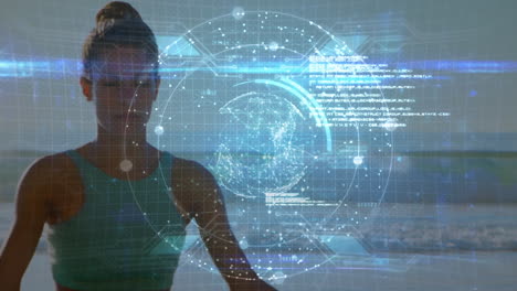 animación de procesamiento de datos sobre mujer caucásica meditando en la playa