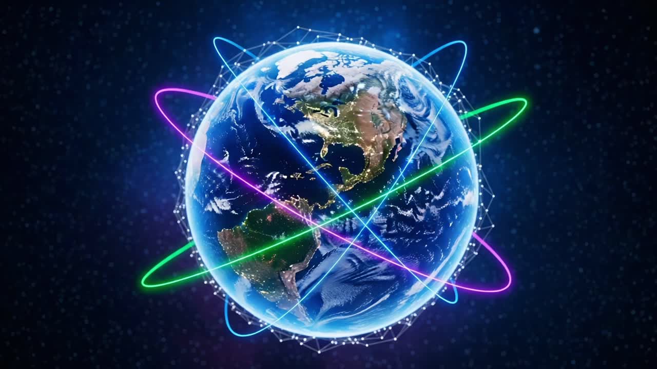 An Overview of Earth Surrounded by Dynamic Energy Waves Representing Connectivity and Technological Advancements in a Vibrant Cosmic Setting