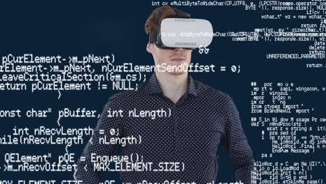 animation of data processing over circuit board and caucasian businessman wearing vr headset