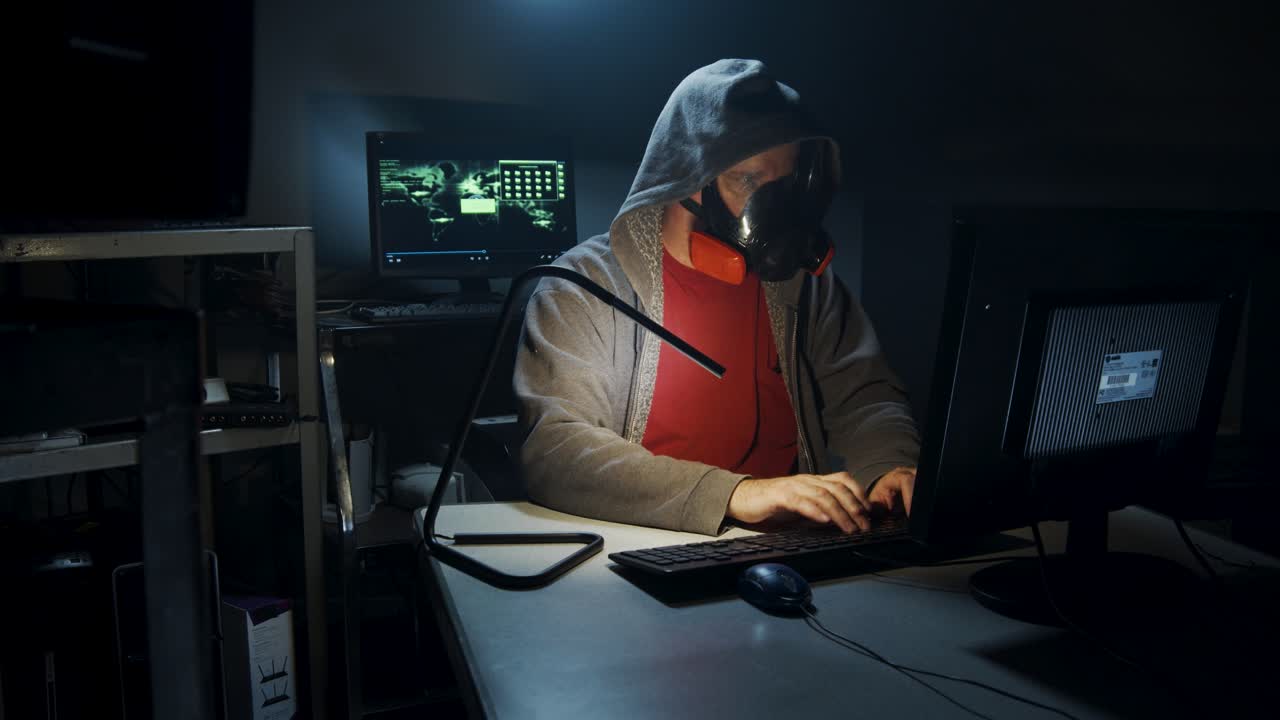 Bio-Terrorist types in computer code wearing a gas mask