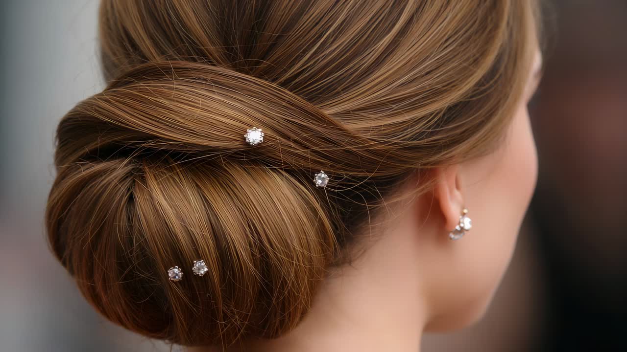 Shifting camera focus, woman turning right for event, showing low bun, sparkly pins, drop earring