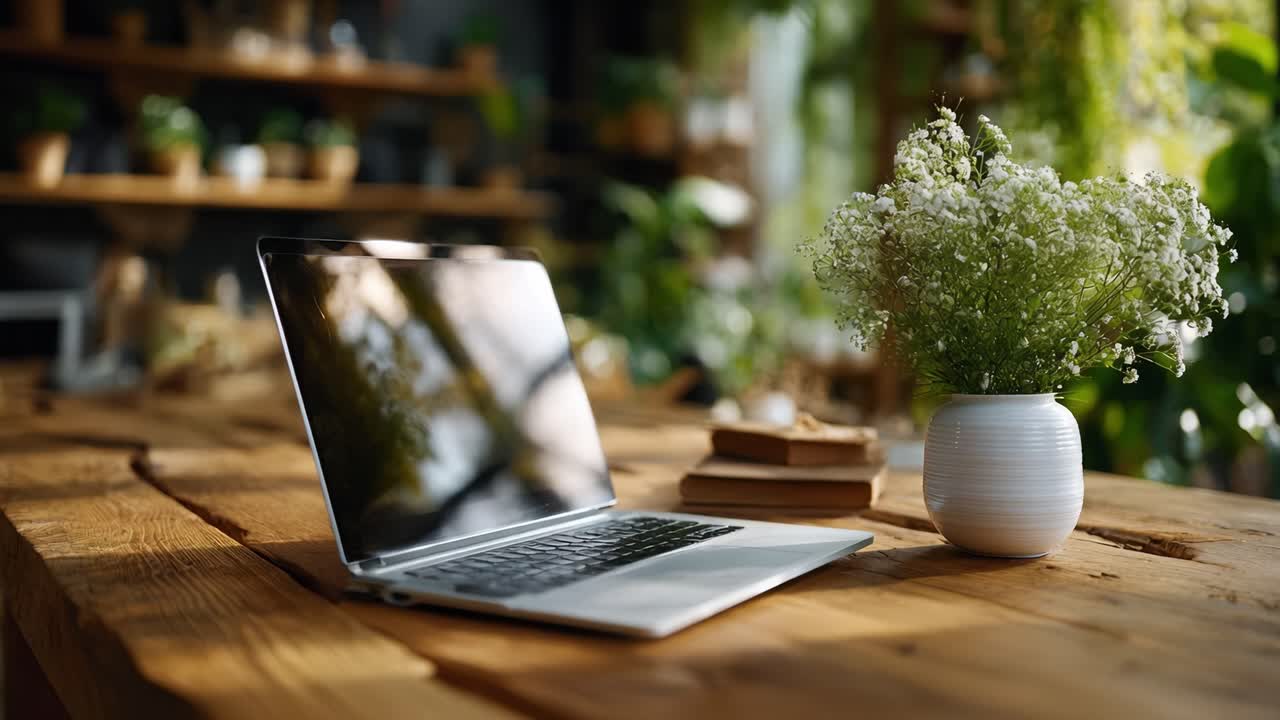 Elegant Workspace Featuring a Laptop, Decorative Flowers, and Books on a Wooden Table Surrounded by Lush Greenery and Natural Light for a Calming Atmosphere