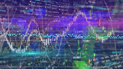 Animación-Del-Procesamiento-De-Datos-Financieros-Y-Bursátiles-Sobre-El-Mapa-Mundial-Sobre-Fondo-Azul