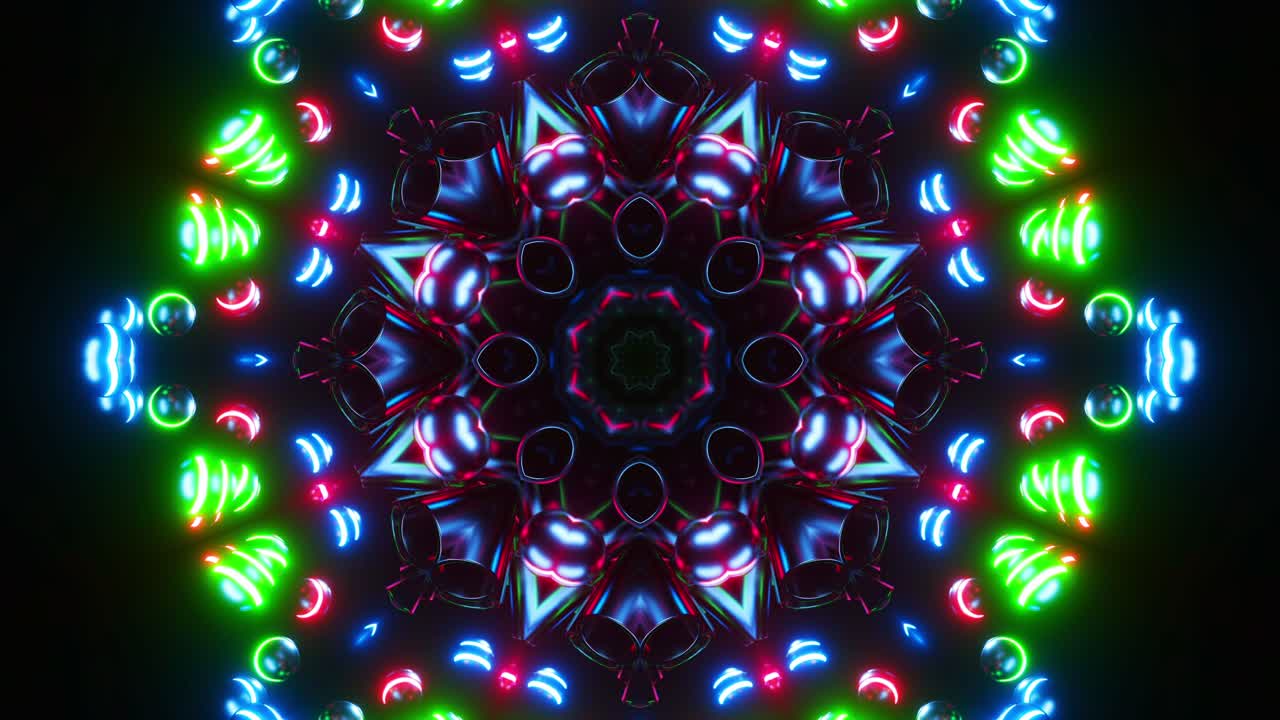 Pola cahaya melingkar warna-warni dengan latar belakang hitam. Loop VJ Kaleidoskop