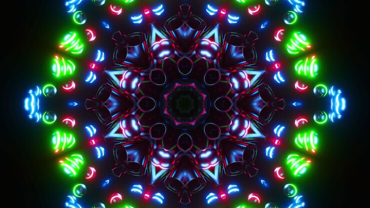 Colorful circular pattern of lights on black background. Kaleidoscope VJ loop