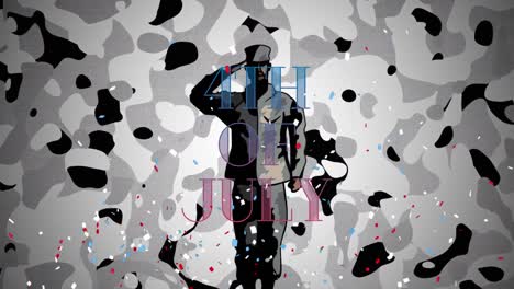 Animation-of-confetti-and-text-4th-of-july-over-saluting-soldier-and-grey-camouflage