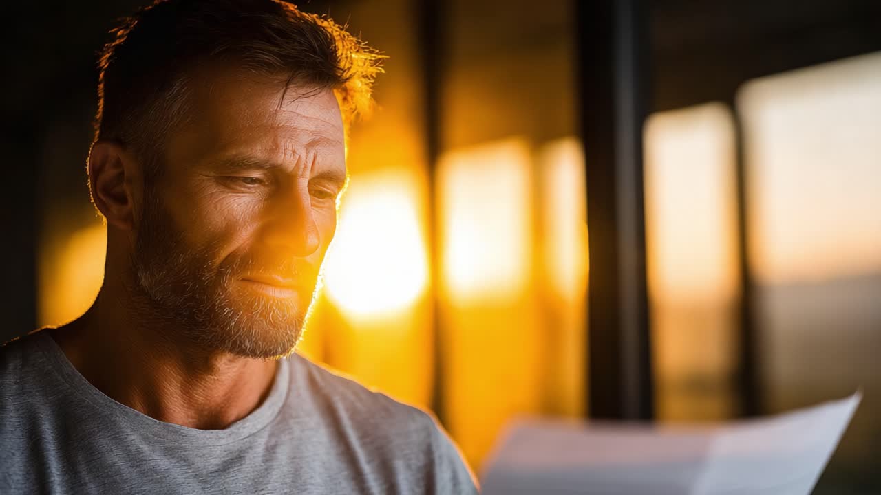 A thoughtful man enjoying the warmth of a sunset while engrossed in reading a letter, capturing a moment of reflection and tranquility amidst a picturesque view