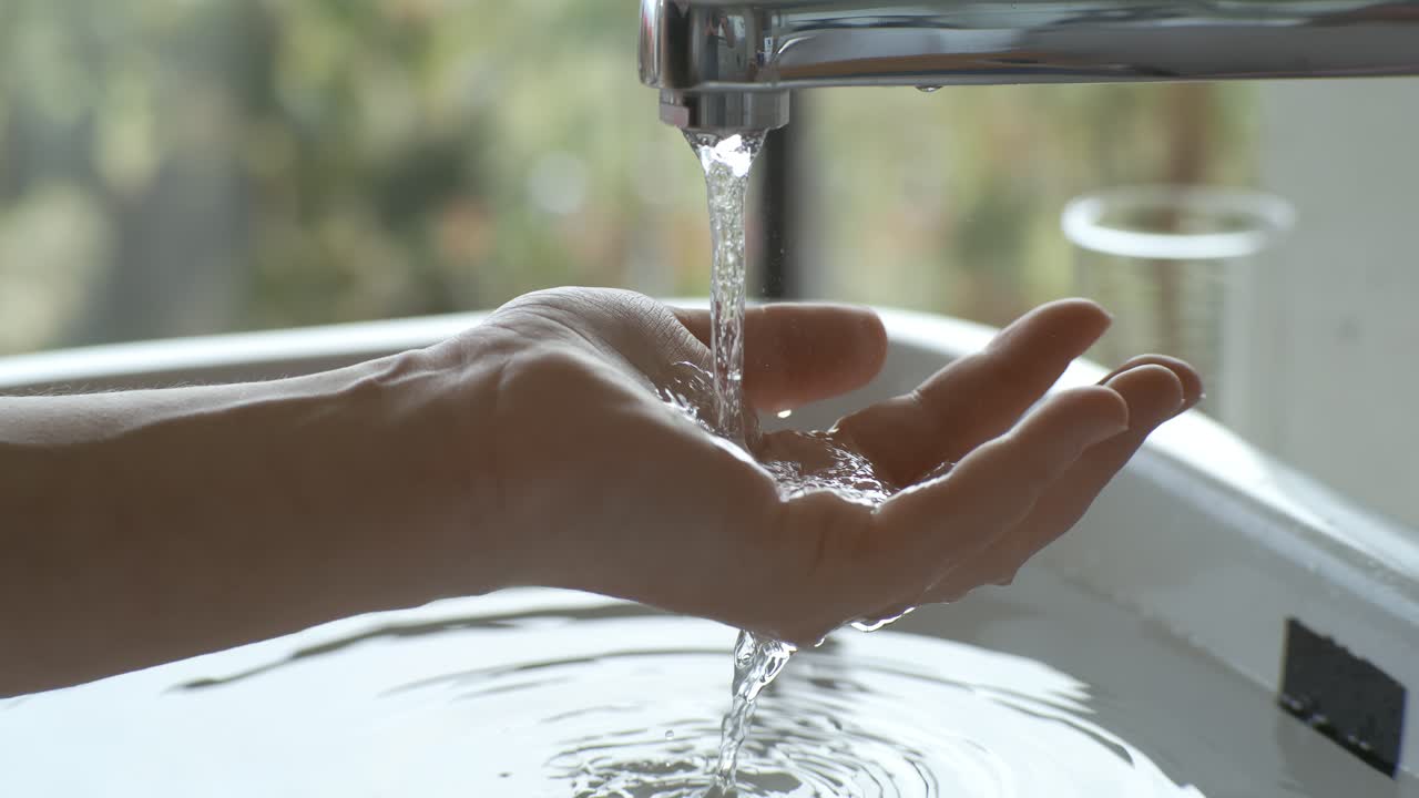gotas de agua gotean lentamente desde el grifo en el baño. la mujer puso su mano debajo de las gotas de aguas del grifo. disparado en cámara super lenta 1000 fps.