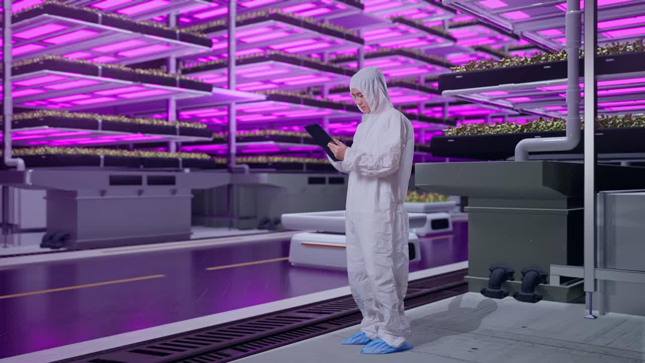 Scientist Monitoring Plants in a Vertical Farm
