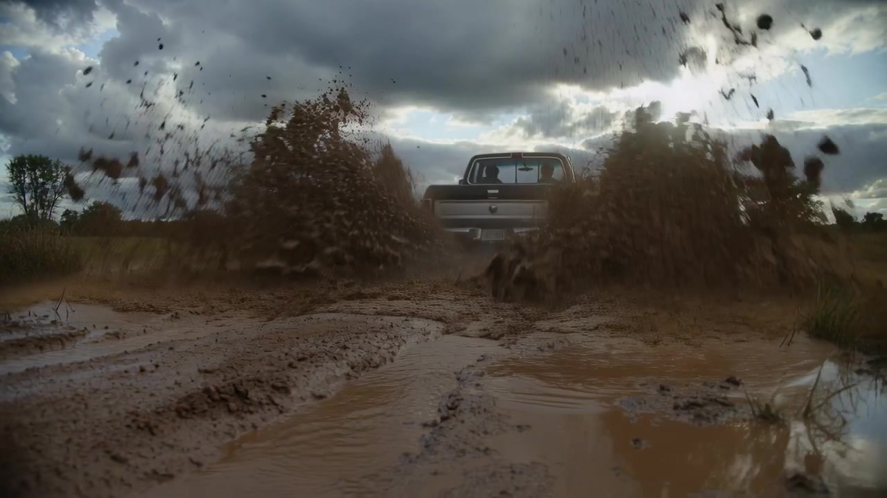 Accelerating lifted pickup truck hitting shallow puddle on muddy track, off-road tires spraying mud