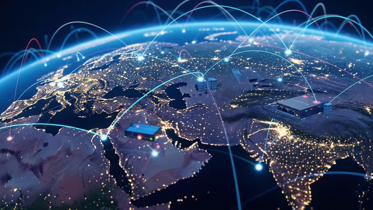 An Aerial View of a Connected World: Visualizing Global Networks and Data Flow Across Europe and the Middle East through Light Trails and Digital Infrastructure