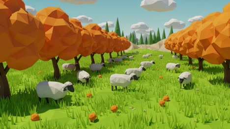 a vibrant low-poly landscape featuring flocks of sheep grazing amidst lively orange-tinted trees and lush green grass under a bright sky