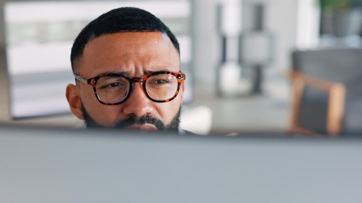 Business man, confused and trader with eyeglasses