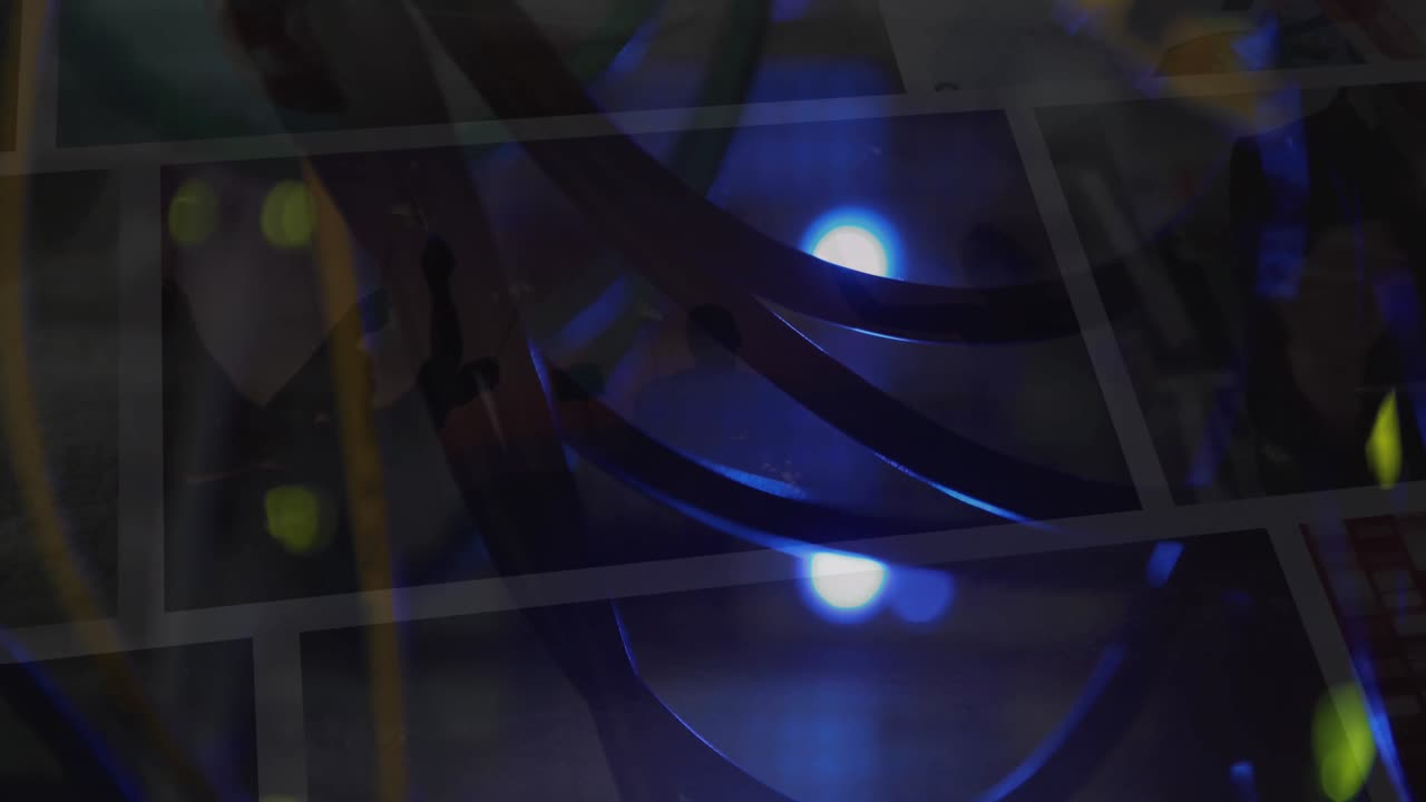 animación de luces y cables de servidores de computadoras sobre varios clips que se reproducen en pantallas compuestas