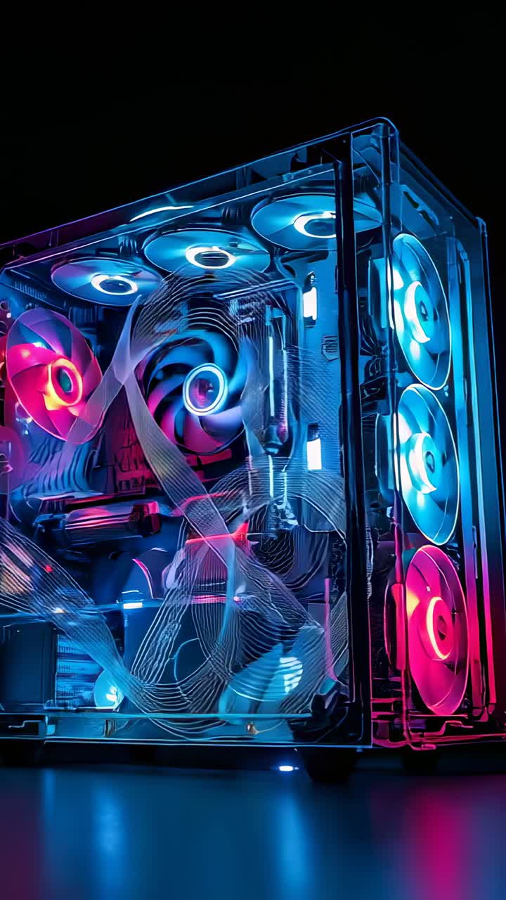 Lodret video: Startende RGB, gennemsigtig pc med cyklende lys og roterende ventilatorer på et reflekterende bord, glas