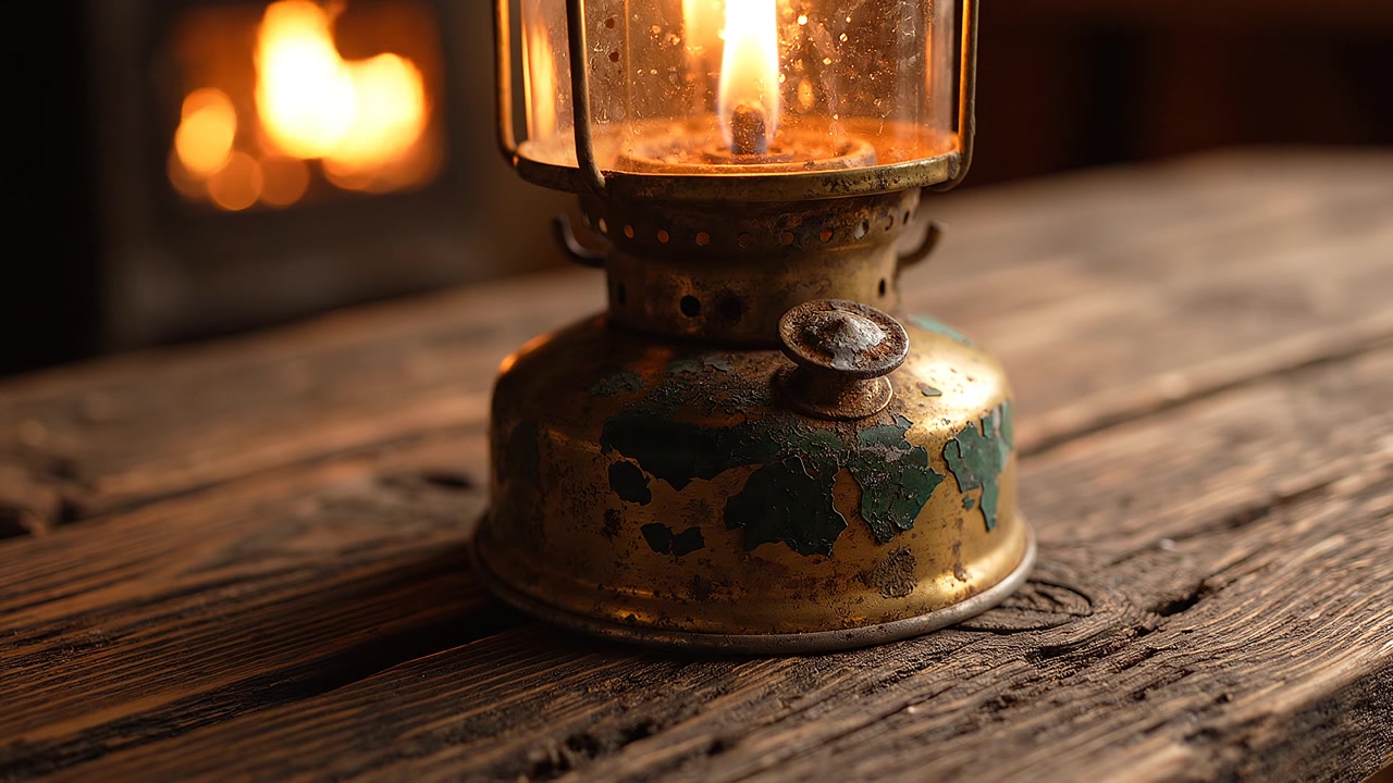 Lampada a cherosene vintage accesa su un tavolo di legno rustico
