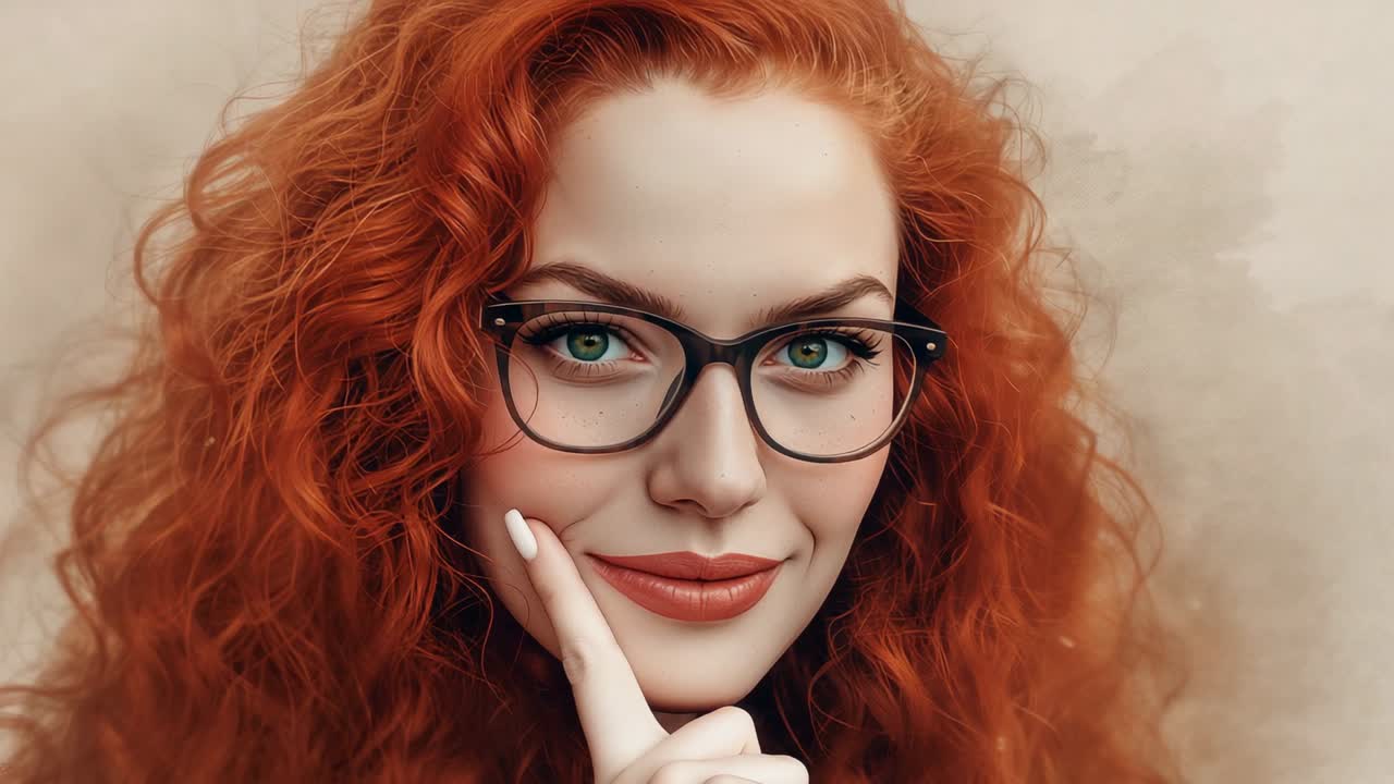 Camera starting, woman raising finger, resting chin, tilting head thinking in studio, with glasses