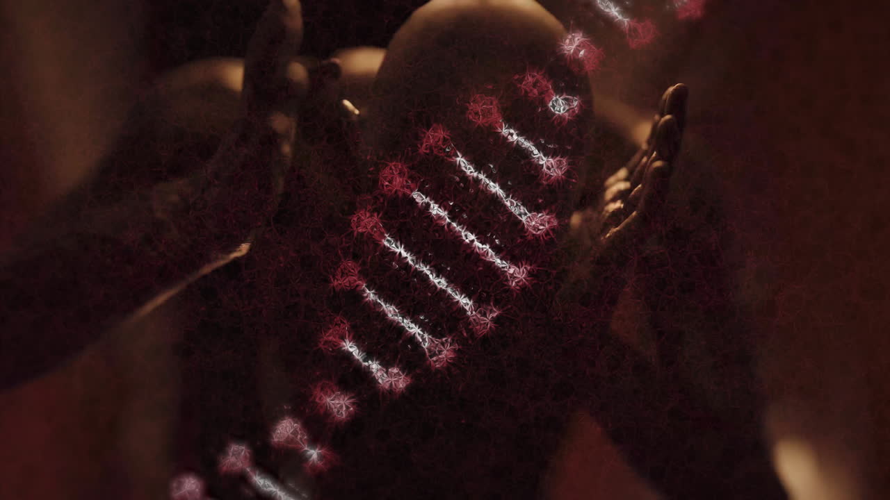 DNA strand animation over person holding reflective sphere in dim lighting