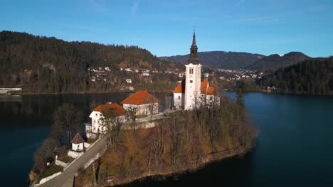 close up aerial view of church on lake bled island