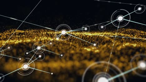 Animation-of-network-of-connections-over-yellow-wave-on-black-background