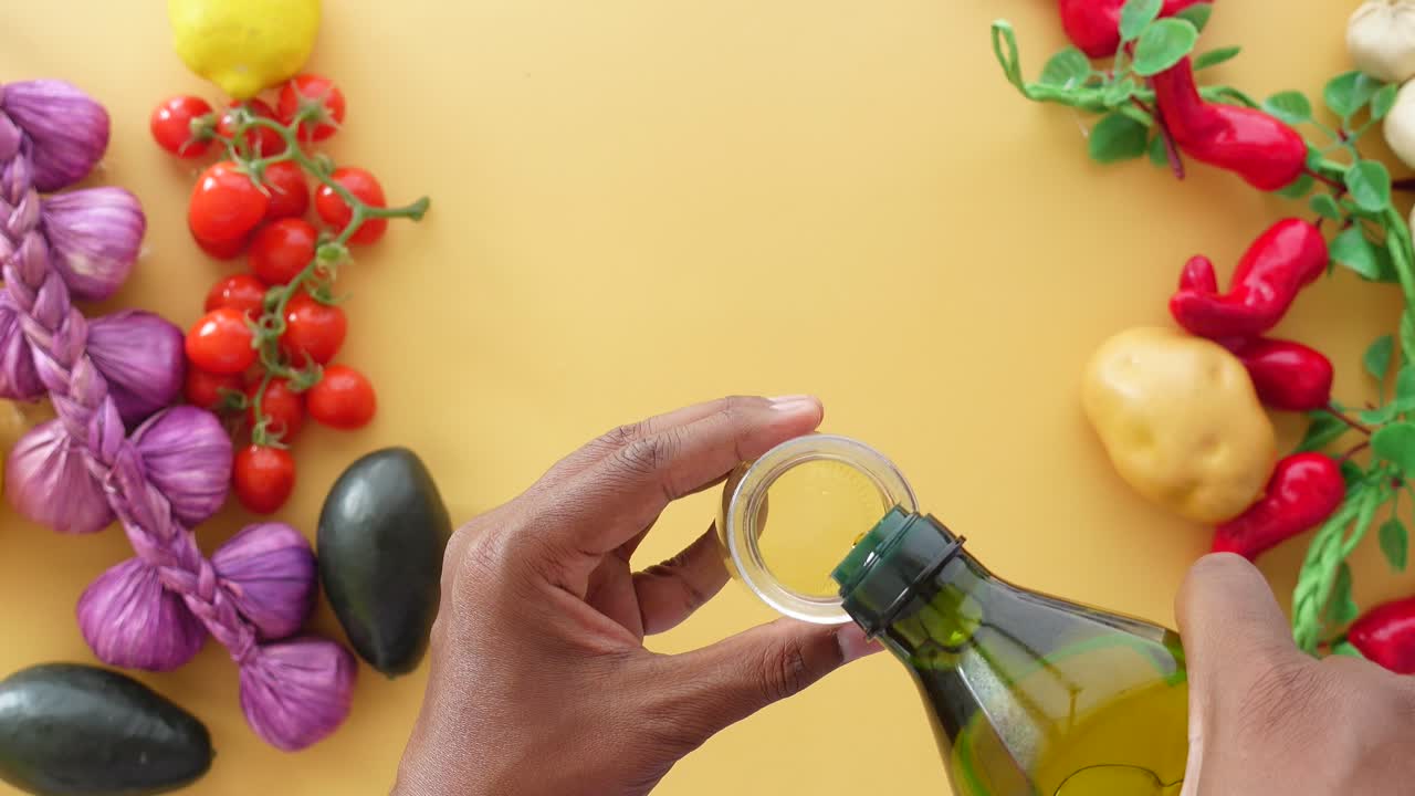 verter aceite de oliva sobre las verduras