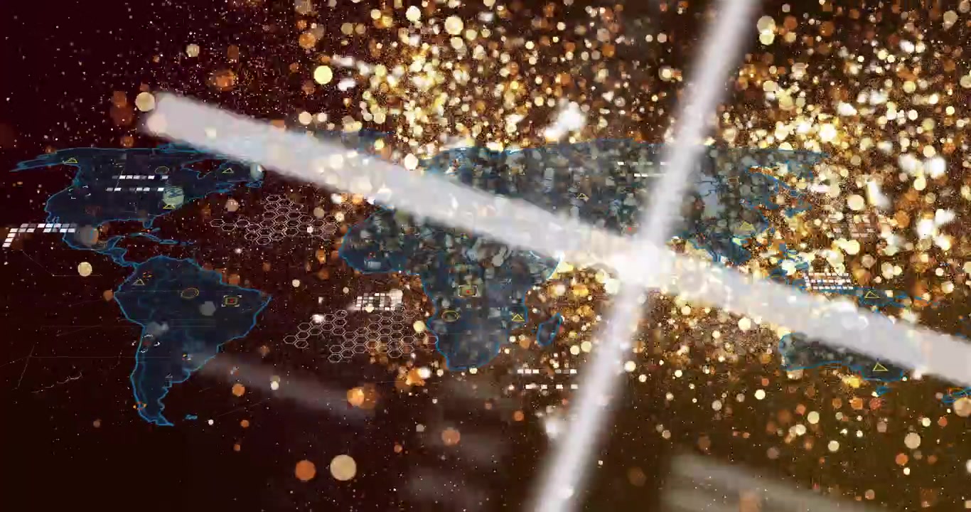 Stiliserad världskarta som avslöjas av en vit ljusstråle och gyllene partiklar, visar global data
