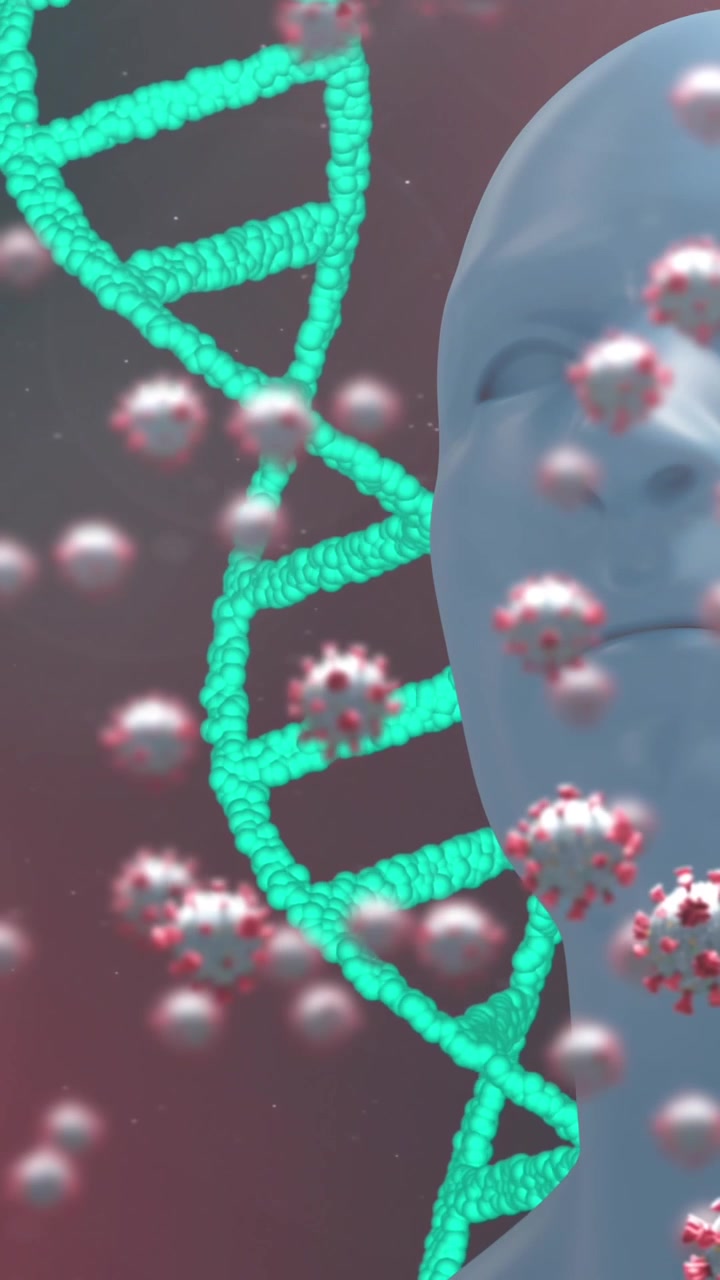 Animation of dna strands with human head and virus cells on black background