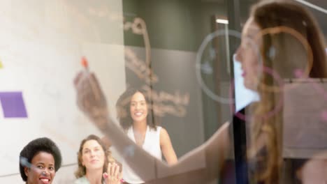 diverse businesswomen writing on glass wall, brainstorming at office, in slow motion