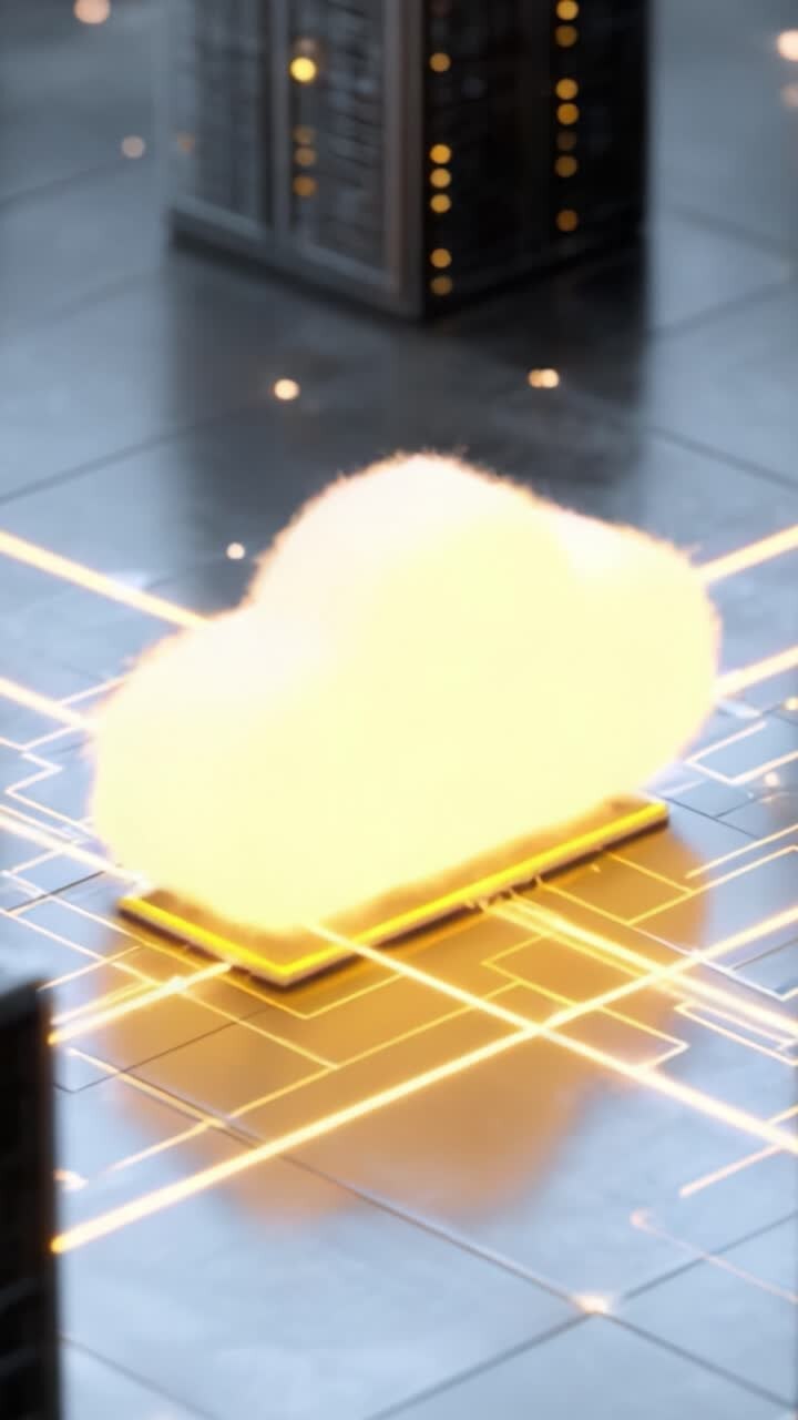 A Futuristic Visualization of a Cloud Computing Concept Illuminated by Neon Lines, Enveloping the Cloud with a Soft Glow in a High-Tech Environment