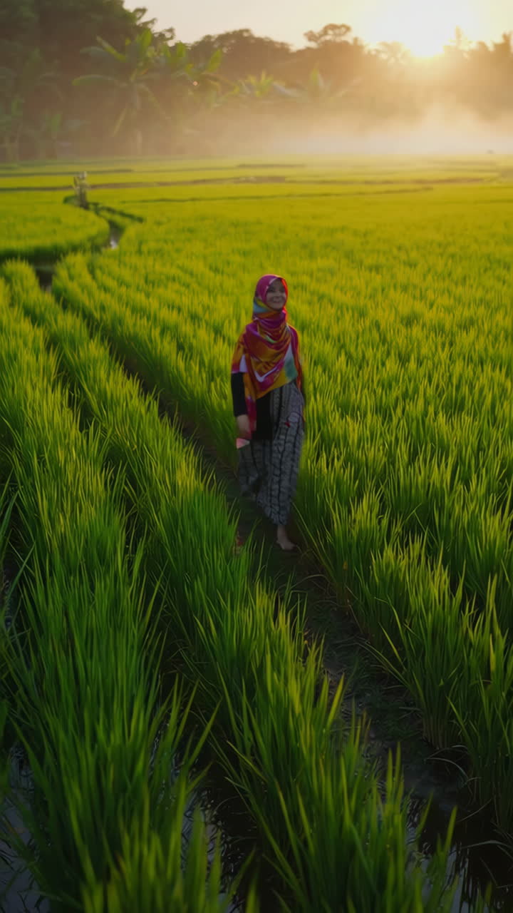 Woman Walking Through a Rice Paddy at Sunrise