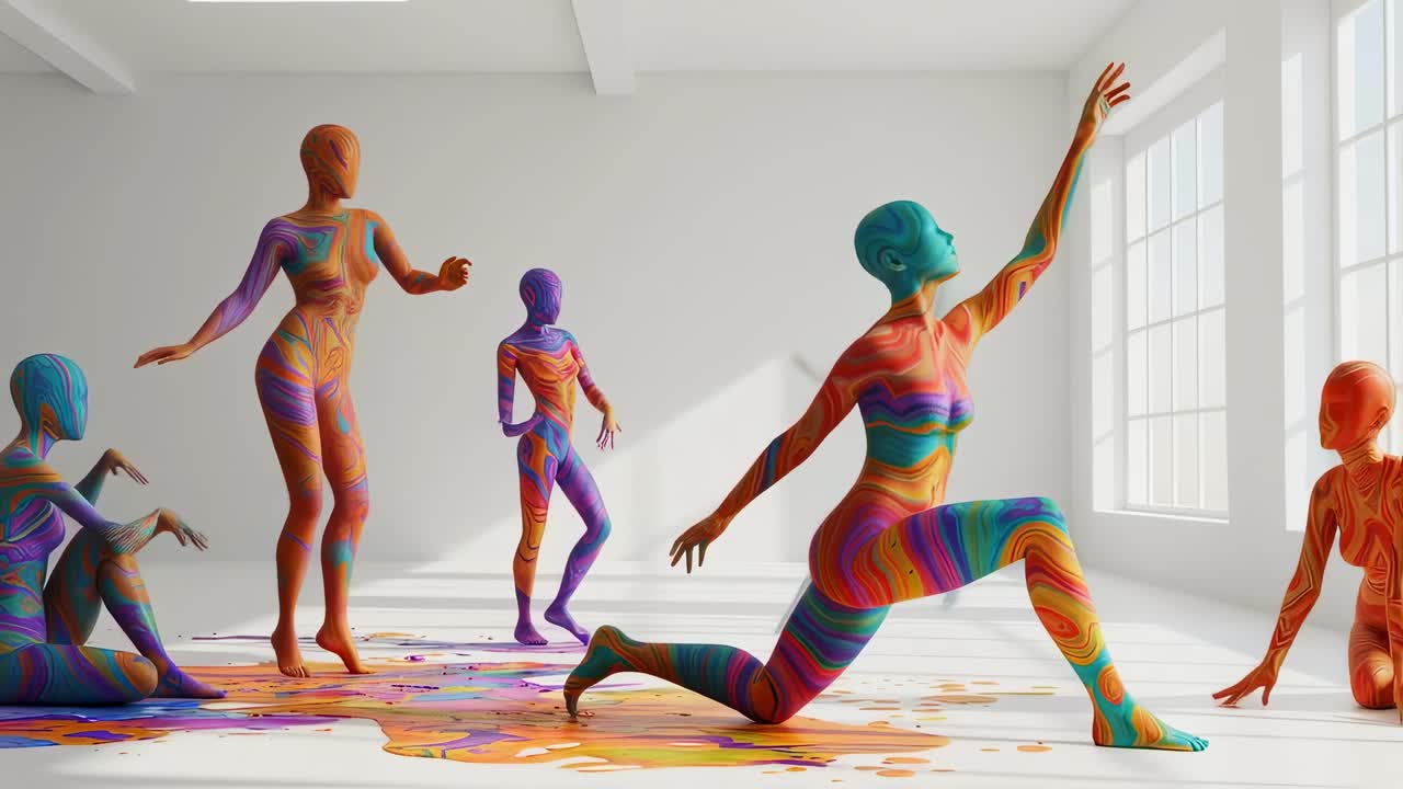 Colorful artistic display featuring human figures in vibrant paint patterns within a spacious studio setting