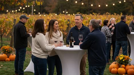 people enjoying a wine tasting event in an autumn vineyard