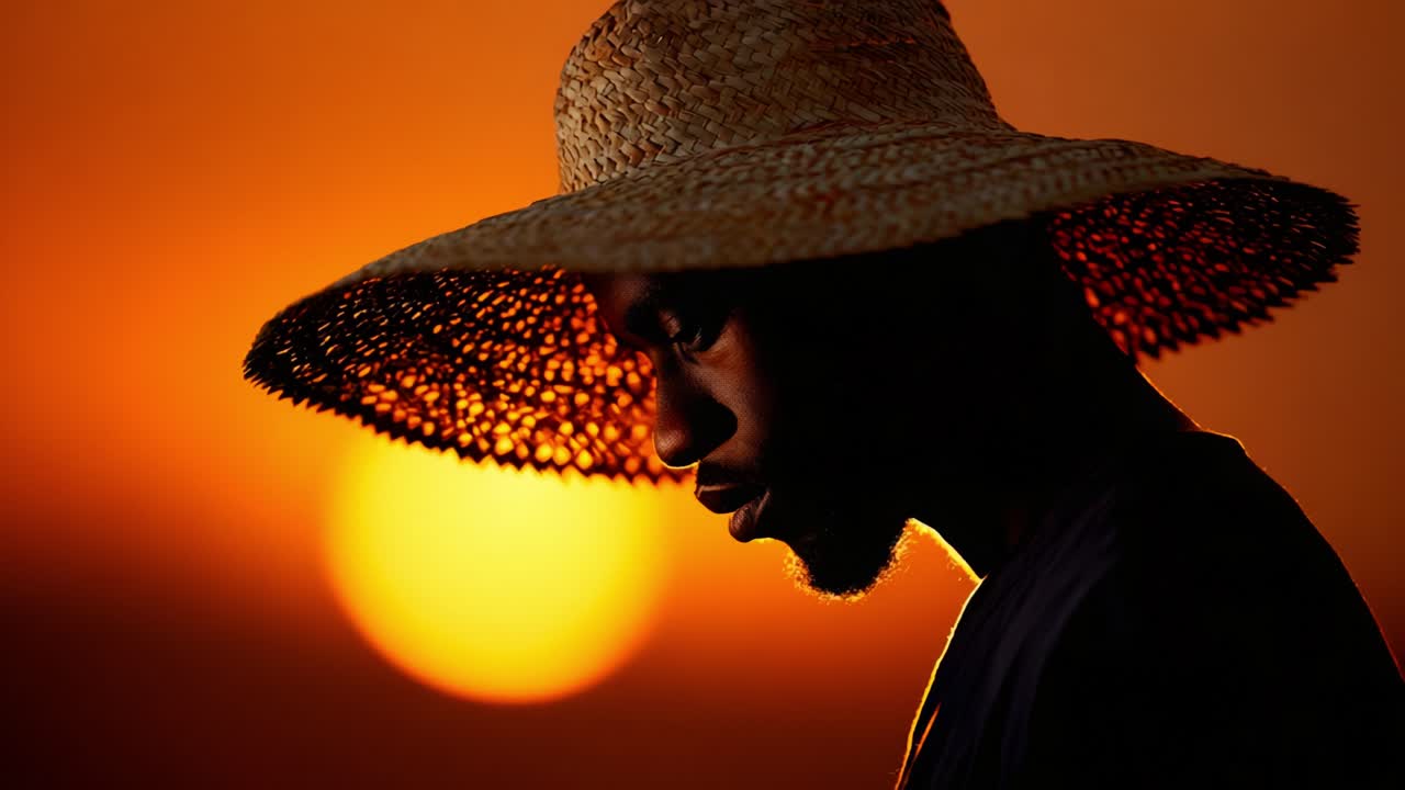 A contemplative figure in a straw hat stands against a vibrant sunset, evoking a sense of serenity and connection to nature in this beautifully crafted silhouette image