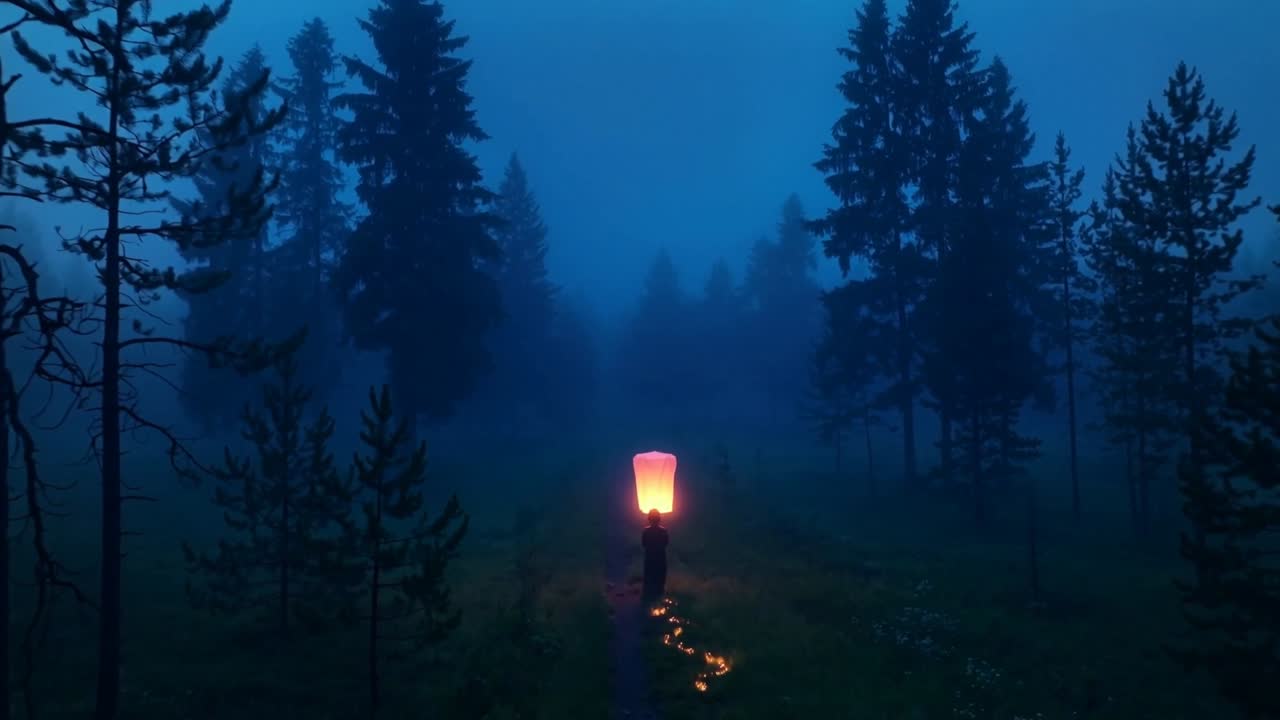 Una persona con un cappotto scuro cammina su un sentiero di abeti, sollevando una lanterna con braci che si sprigionano mentre sale nella nebbia.