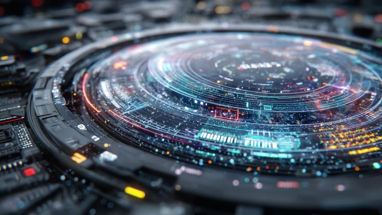 A Stunning Futuristic Interface Depicting a High-Tech Circular Display with Vibrant Colors and Data Elements, Showcasing Advanced Digital Technology Insights