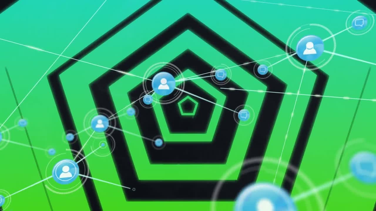 녹색 육각형 위의 디지털 사람 아이콘과의 연결 네트워크의 애니메이션