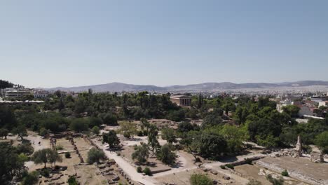 aerial approaching the temple of hephaestus, ancient agora of athens, greece