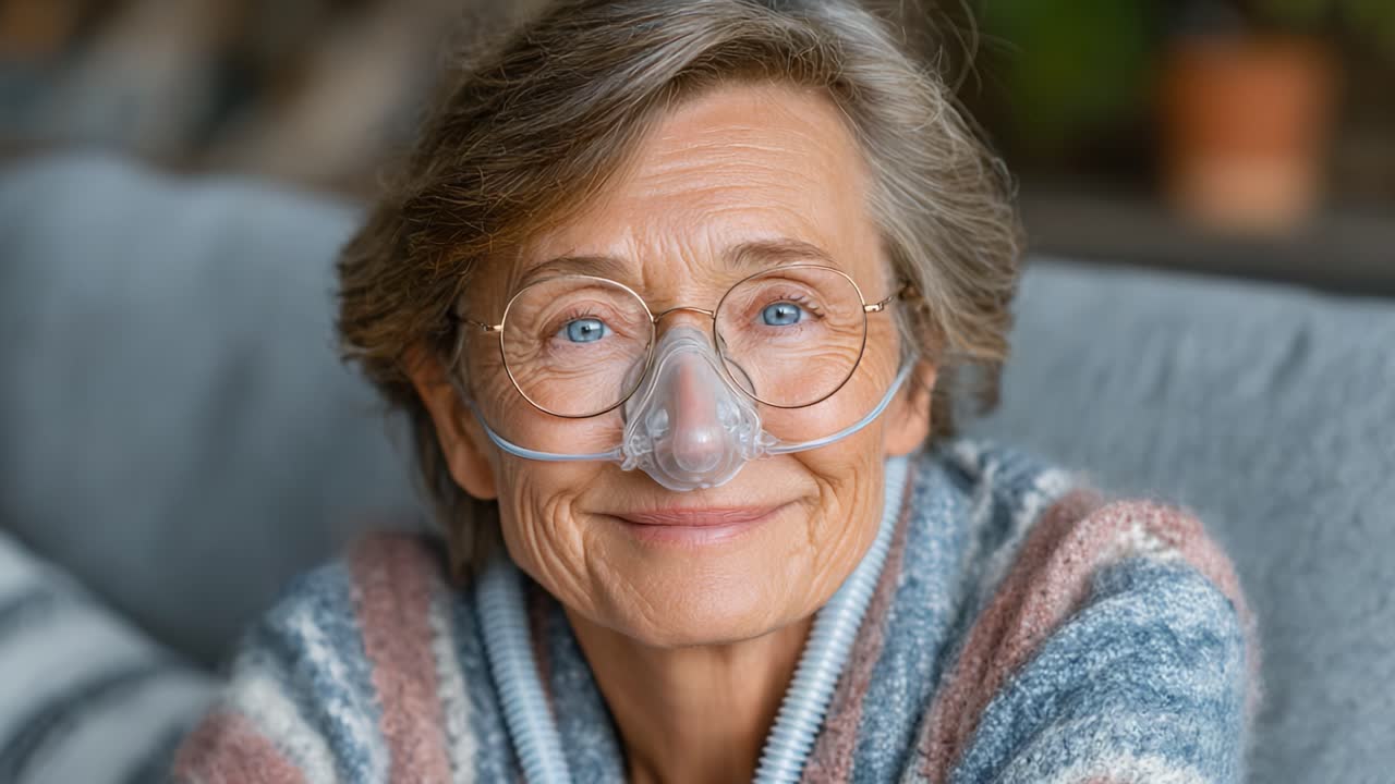 Aging Gracefully: A Portrait of a Senior Woman Embracing Life with an Oxygen Mask and a Warm Smile, Showcasing Resilience and Positivity in Daily Living