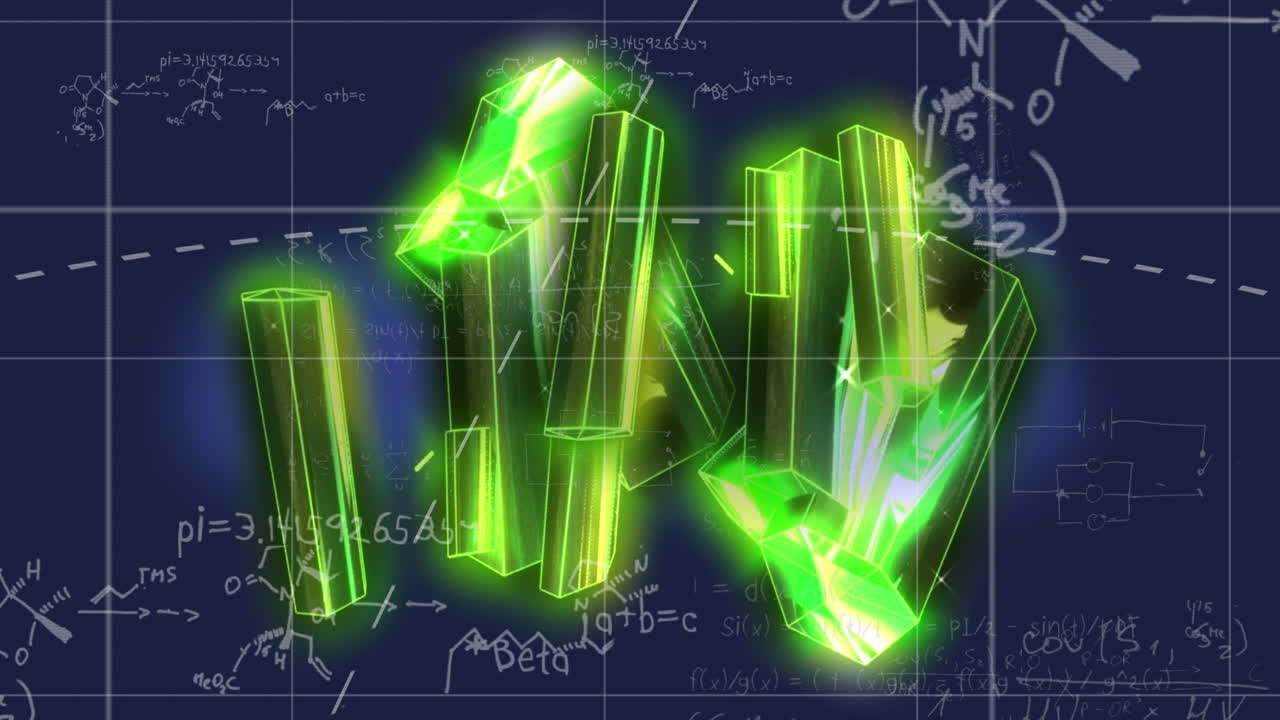 파란색 배경에 대한 그리드 네트워크를 통해 반이는 결정과 수학적 방정식의 애니메이션