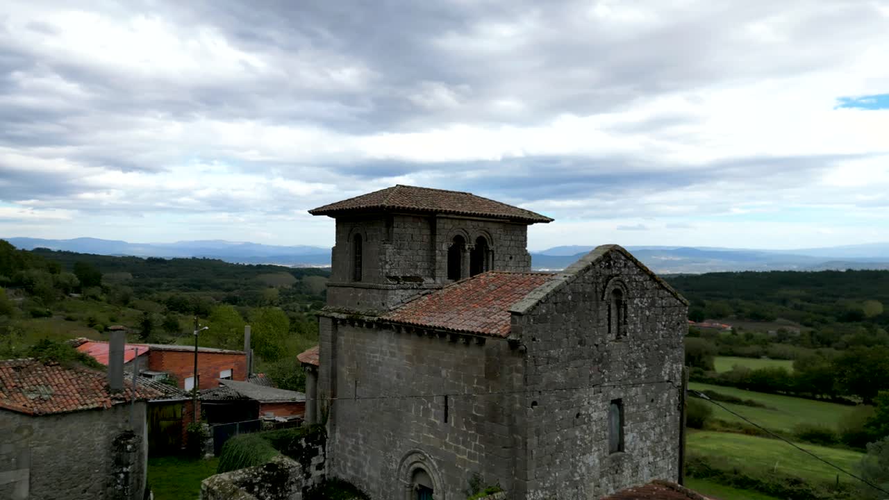 drone shot of the church san miguel de eir&eacute; in the province of lugo spain