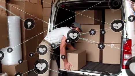 animation of connected heartlines and lightbulb icons, caucasian delivery man loading boxes in van