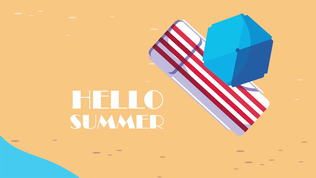 해변에서 우산과 수건으로 여름 인사를 쓰고 있습니다.