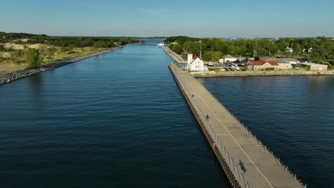 an aerial push through the channel of muskegon lake