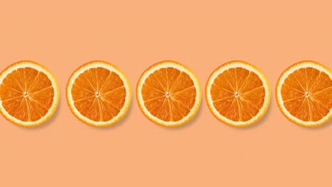 muchas rebanadas de naranja reales animadas en un fondo pastel. plantilla con frutas frescas para publicidad