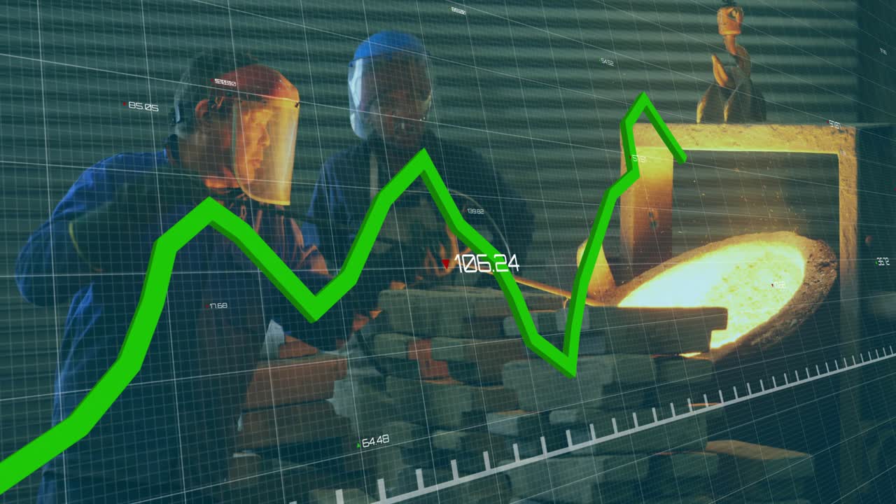 Senior worker stirring molten metal by rod in furnace, colleague steadying mold, graph animating