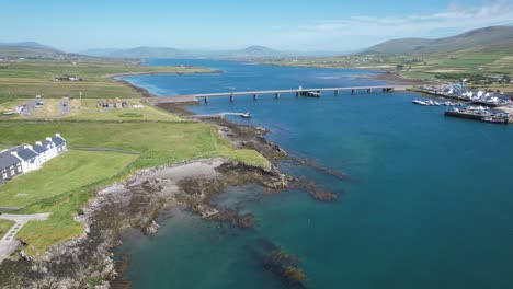 Portmagee-village-County-Kerry,-Ireland-road-bridge-Valentia-island-drone-point-of-view